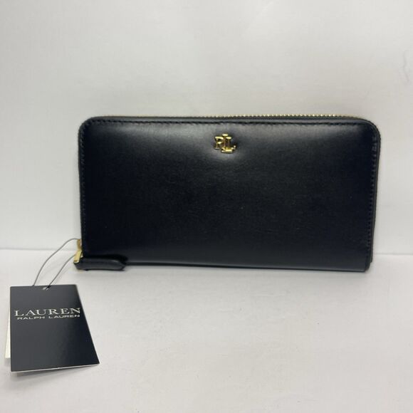 Ralph Lauren Continental Leather Zip Around Wallet Black w/ Gold Tone Hardware - Picture 1 of 3